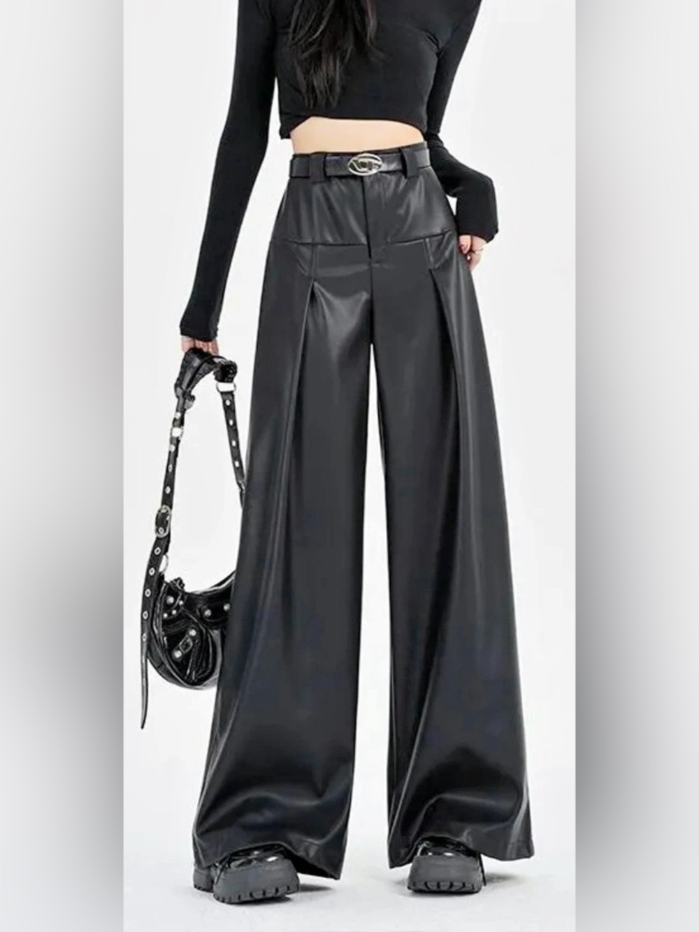 Commense Faux Leather Wide-Leg Pants in Black